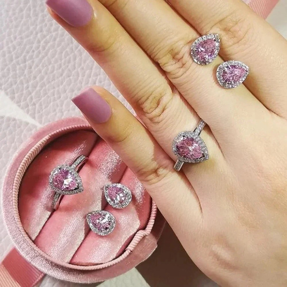 Pink Sapphire Diamond Pear Cut Ring & Earring Set - Picture 3 of 5